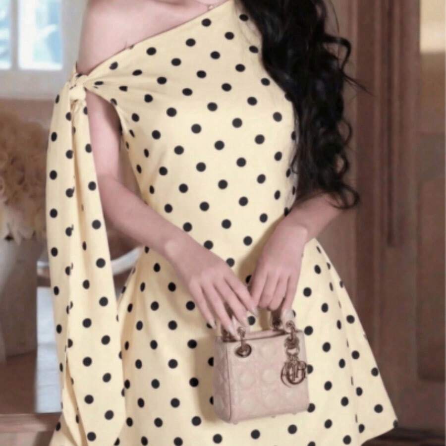 dagjydgfyja Vestido corto de verano minimalista de mujer con tirantes de lazo, sin mangas y de unicolor asimétrico con lunares blancos - Amarillo claro - Ver 1