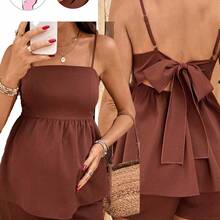 Conjunto de 2 piezas de camiseta sin espalda con lazo y shorts de unicolor casual para maternidad - Rosa - Ver 5