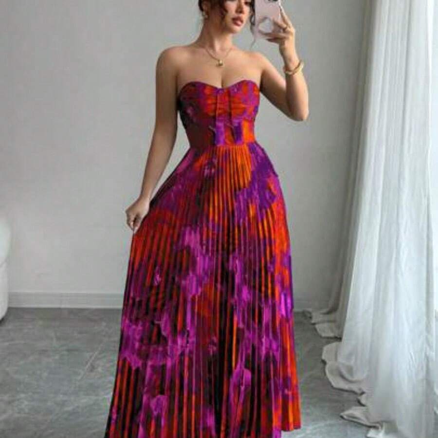 jianchaimaoyi02 Vestido plisado de impresión completa con cintura ajustada tipo bandeau - Morado - Ver 1