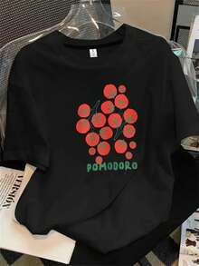Top de mujer de manga corta y cuello redondo con estampado de tomates, ideal para todas las estaciones. - Negro - Ver 1