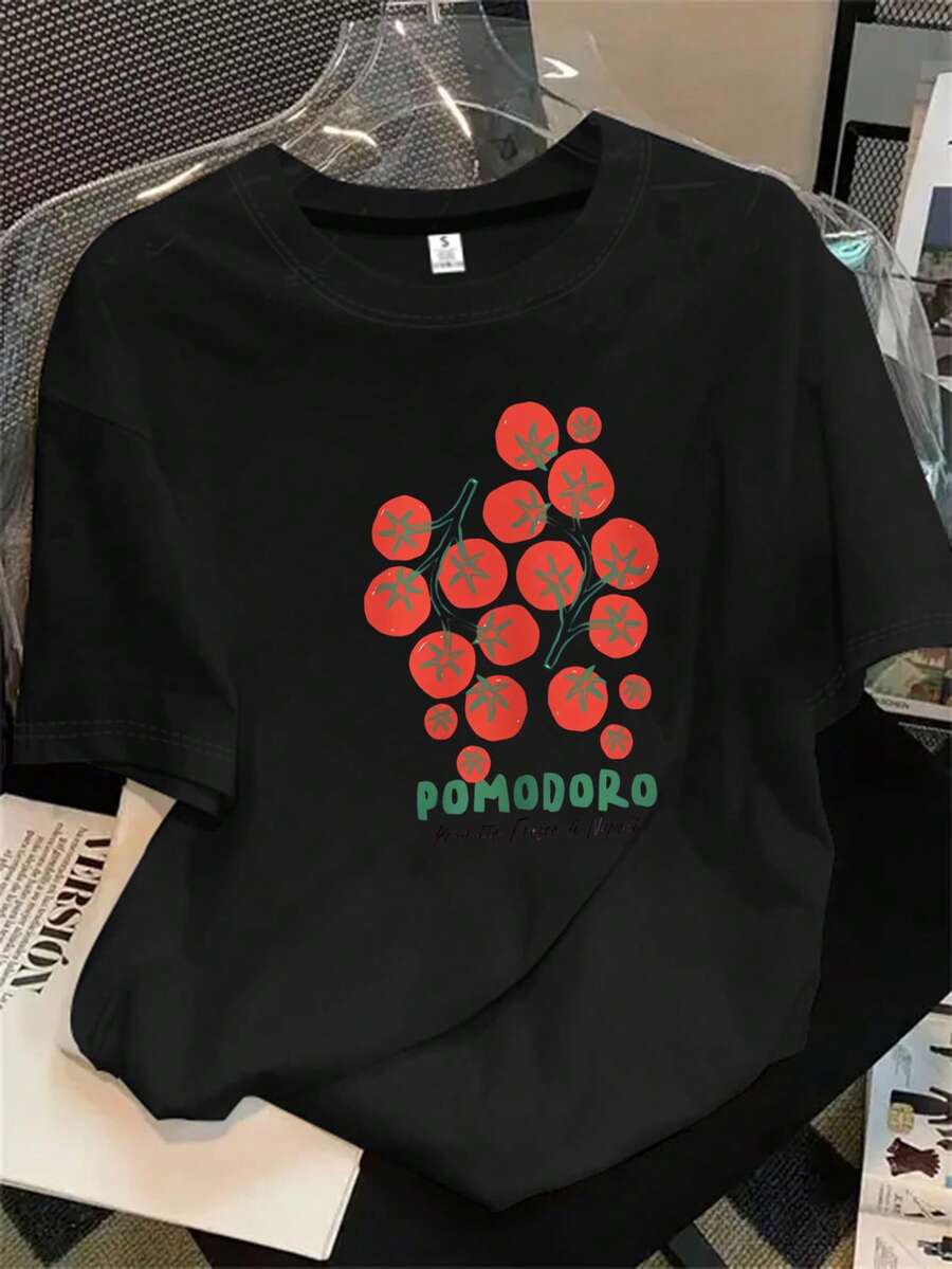 Top de mujer de manga corta y cuello redondo con estampado de tomates, ideal para todas las estaciones. - Negro - Ver 1