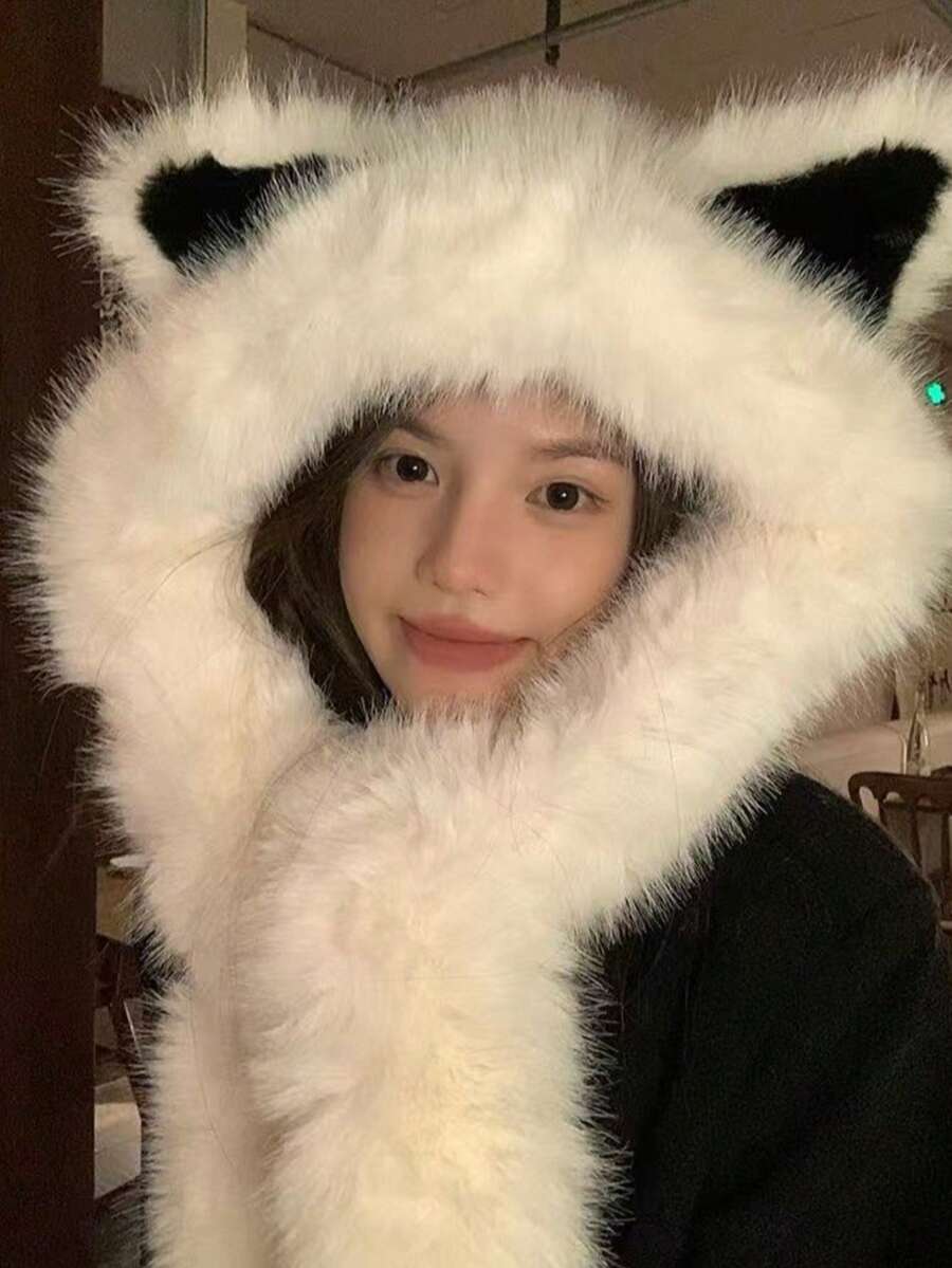 1件防凍狐狸耳圍巾一體式毛絨帽,女款冬季保暖防風雷鋒帽滑雪帽 - 灰色圍巾一體- - 查看 1