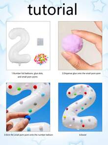 1組 32吋白色0-9數字鋁箔氣球 + 自黏彩色毛絨球，適用於生日派對、嬰兒洗禮、家庭聚會裝飾 - 白色 - 查看 7