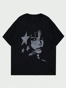 2026 T-Shirt Casual A Maniche Corte Da Donna Con Stella A Cinque Punte E Stampa Di Personaggi, Perfetta Per L'estate, Top Da Donna, T-Shirt Da Donna, T-Shirt Grafiche Da Donna, T - 後退 - 查看 1