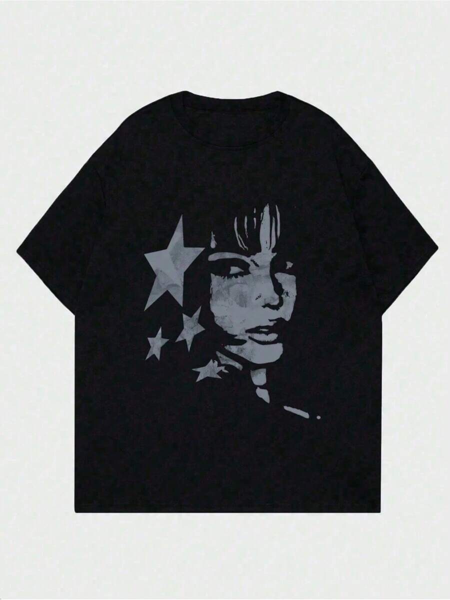 2026 T-Shirt Casual A Maniche Corte Da Donna Con Stella A Cinque Punte E Stampa Di Personaggi, Perfetta Per L'estate, Top Da Donna, T-Shirt Da Donna, T-Shirt Grafiche Da Donna, T - 後退 - 查看 1