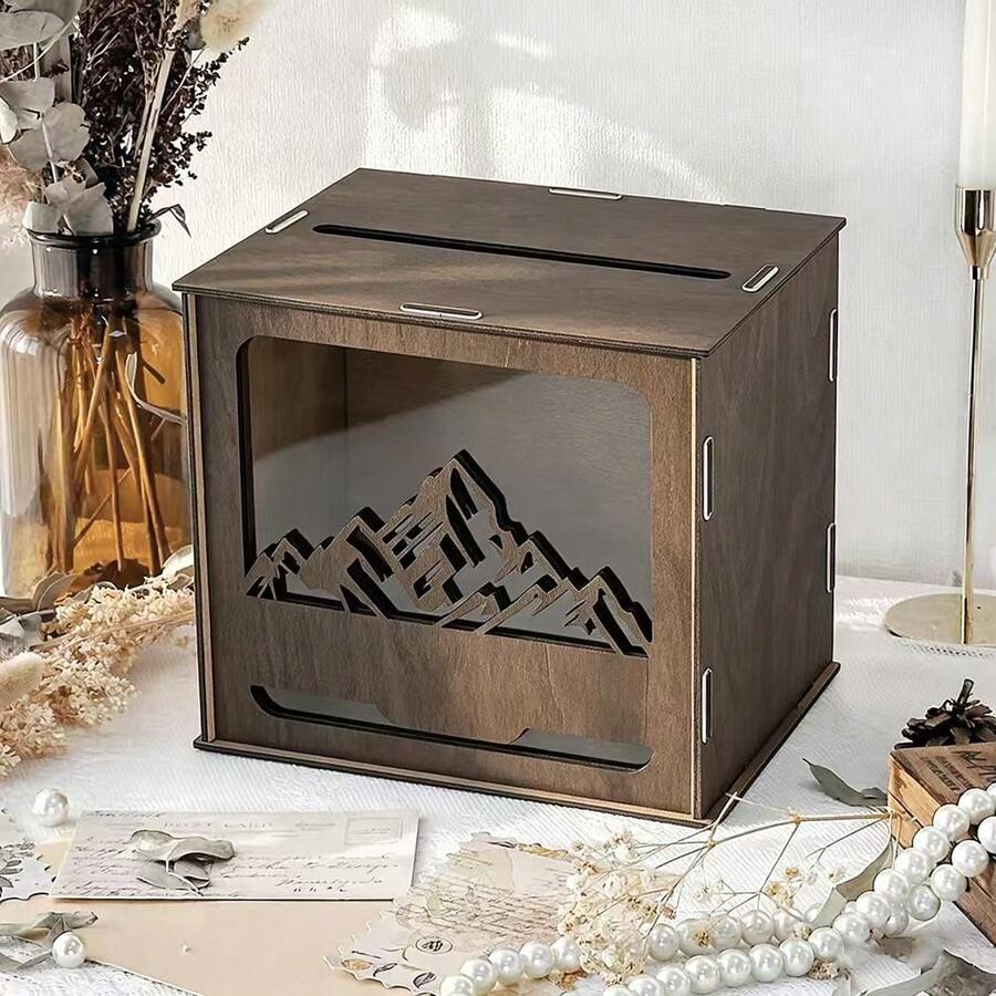 Cross-Border Vintage Wooden American Wedding Scene Wedding Blessing Card Storage Box Mountain View Hollow Design - Multicolor - View 1