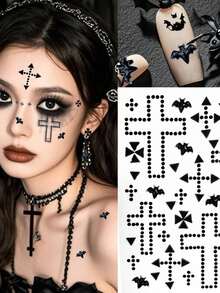 1pc/1set Halloween Face Rhinestone Stickers, Glue-Free Red & Black Cross, Bat, Blood Drip Rhinestone Combination, High Gloss Texture, Suitable For Face, Eyes, Neck, Fits Dark/Gothic Makeup, Create Thrilling Atmosphere Look - Multicolor - View 4