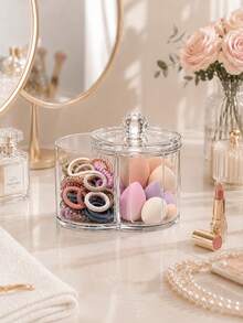 Minimalist Transparent 2-In-1 Cotton Swab And Cotton Pad Storage Box With Lid, Bathroom Vanity Storage Box, Cotton Swab And Cotton Pad Storage Jar, Minimalist Acrylic Beauty Storage Box, Dustproof Cosmetic Storage Container, Desktop Organizer. - Multicolor - View 2