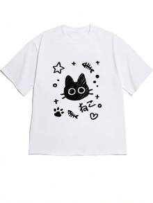 Nueva camiseta de manga corta con hombros descubiertos, éxito de  en primavera/verano 2026, hermosa y elegante, con ilustraciones que combinan un gato negro + estrellas / espinas de pe - Blanco - Ver 1