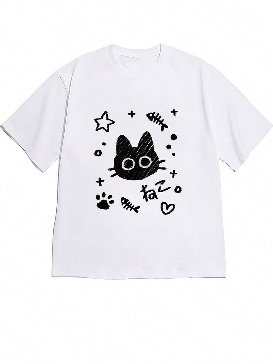 Nueva camiseta de manga corta con hombros descubiertos, éxito de en primavera/verano 2026, hermosa y elegante, con ilustraciones que combinan un gato negro + estrellas / espinas de pe - Blanco - Ver 1