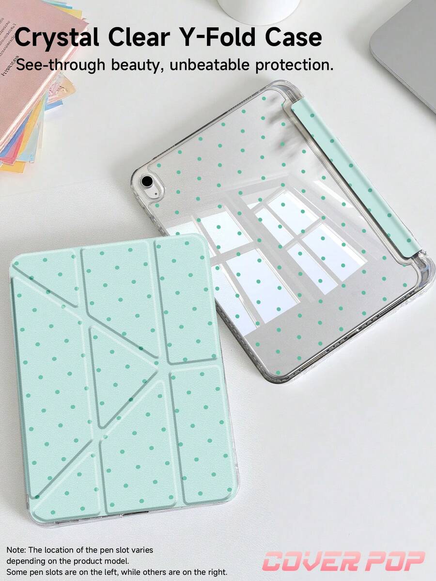 薄荷綠圓點背景深綠圓點平板保護殼，相容於 iPad 9.7/10.2/10.5/10.9/12.9/Pro 11、第10代，相容於 Galaxy Tab S6 Lite 10.4 吋，相容於 Kindle Paperwhite 第12代 2024、Kindle (第11代 - 2024年上市)，柔軟防震，智慧支架/自動喚醒/休眠，Y型折疊平板保護套，支援多種觀看角度
