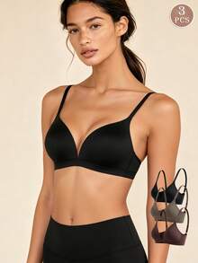 Lilivine 3PCS V-Style Lady's Comfortable Wireless Soft Cup Solid Bra, Lingerie Bra - Army Green - View 1