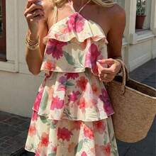 dagjydgfyja Vestido elegante de verano con estampado floral, cuello halter y volantes en el bajo para mujer - Amarillo claro - Ver 7