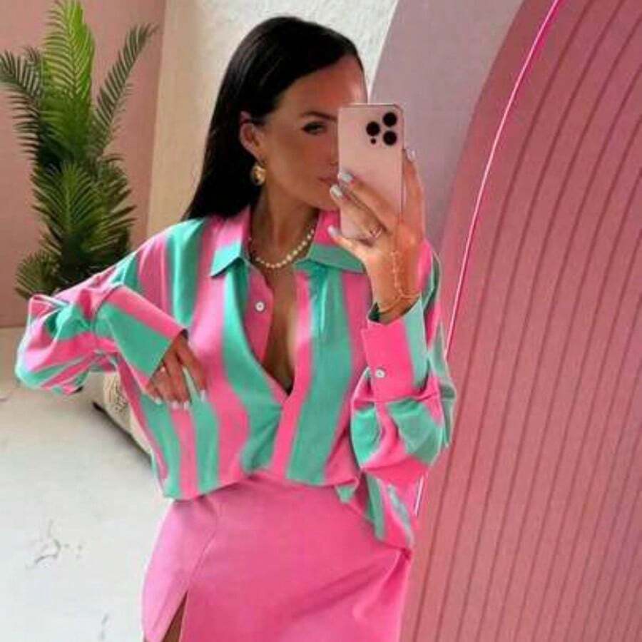 dagjydgfyja Camisa de mujer de poliéster con cuello, con botones delanteros, con un llamativo patrón de rayas, de manga larga, de longitud regular, color rosa para fiesta, vacaciones, boda, primavera - Rosa - Ver 1