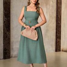 dagjydgfyja Roveilla Vestido maxi holgado sin mangas con cuello cuadrado de punto de bambú de unicolor, cinturón con hebilla metálica, talla grande, verde militar, elegante, estilo retro francés, formal, oficina, casual, vacaciones, té de la tarde, minimalista, versátil, primavera/verano, nuevos vestidos de verano para mujeres, vestidos formales, vestidos casuales elegantes, vestidos clásicos de oficina para damas - Verde - Ver 7