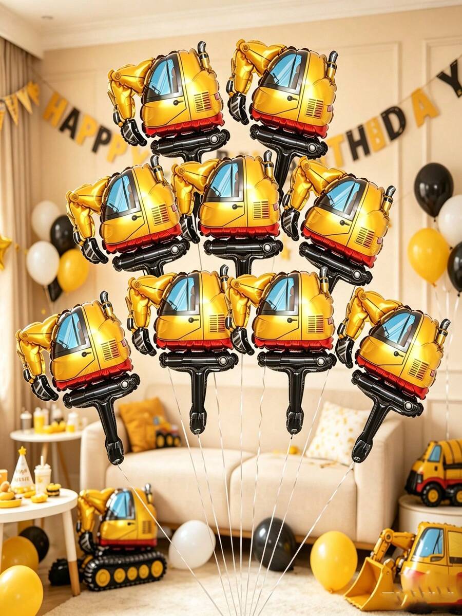 10pcs 16-Inch Mini Excavator Shaped Aluminum Foil Balloons Set, Children's Construction Vehicle Series Toy Balloons (Excluding Strings) - View 1