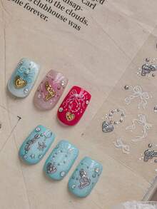 1 Sheet Waterproof Long-Lasting Nail Stickers, Metallic Silver Bow & Heart Design, Durable Self-Adhesive Decals For All-Season Daily Use - Multicolor - View 4