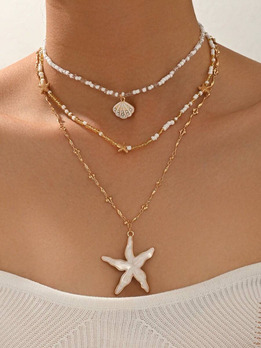3pcs Bohemian Style Mixed Color Seed Bead Shell Pendant Necklace With Starfish Pendant Gold Chain Necklace Women's Elegant Layered Neck Jewelry Set Suitable For Beach Vacation Daily Wear Date Versatile Necklace - Multicolor - View 1