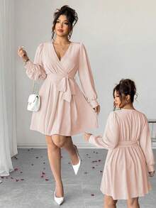 Vestido elegante de manga larga con cuello en V, cintura con lazo y falda acampanada para mujer de talla grande - Rosa vieja - Ver 1