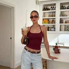 2026 Summer New Sexy Hot Girl Sleeveless Slim-Fit Vacation Halter Neck Backless Tank Top For Womenwomen Outdoor Sets - 黑色 - 查看 4
