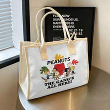 Miniso Peanuts Die Gang ist alle da Herbstblatt Leinwand Tragetasche, Gruppendruck mit Charaktertext Schultertasche, große Kapazität Lässig Alltagstasche für Schule Einkaufen Reisen - Schwarz - Übersicht 3