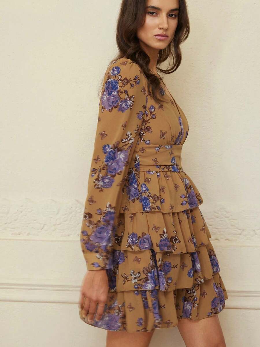 Aveloria Revavyn Vestido de manga larga con estampado aleatorio de moda para mujer, atuendo de vacaciones - Amarillo - Ver 1