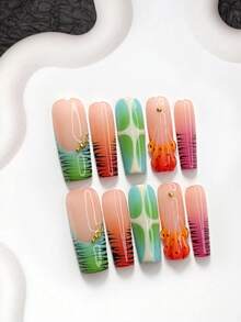 10片多巴胺風手工穿戴式美甲，Polygel美甲套組，海星裝飾、條紋點綴，綠色與紫色指甲油，色塊設計，附美甲工具，3種尺寸可選，杏仁形、鴨嘴形、棺材形，適合派對、跳舞、日常配戴 - 彩色 - 查看 4