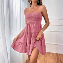Minivestido con corpiño ahumado y tirantes finos para mujer, vestido azul con volantes escalonados, ropa informal de verano para vacaciones y playa - Verde - Ver 3