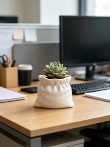 Cute Flower Pot, Succulent Plant Pot, Minimalist White Linen Bag Design Vase, Indoor Decor Flower Pot, Desktop Storage Box, Home And Office Decoration, Gift For Plant Lovers - A - View 4