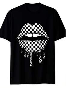 Camiseta de mujer de carreras con labio a cuadros blanco y bonito a cuadros de ajedrez TShirt2 - Negro - Ver 2