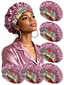 1Pc Boho Print 12 Zodiac Design Satin Bonnet For Women , Plus Size Lightweight Breathable Sheeping Cat With Loose Elastic Band - Red Bean Paste SM15-3 Constellation - View 6