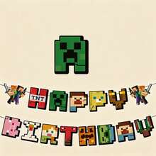 43件組 MINISO Minecraft 派對裝飾套組，像素遊戲主題生日用品，卡通氣球橫幅蛋糕插牌套組，方塊風格桌面裝飾，電競派對場景佈置，慶祝背景配件 - 樣式 1 - 查看 1