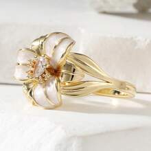 Enamel Lily Zirconia Inlaid Ring, Gentle And Romantic, Ideal Anniversary Gift - Gold - View 5