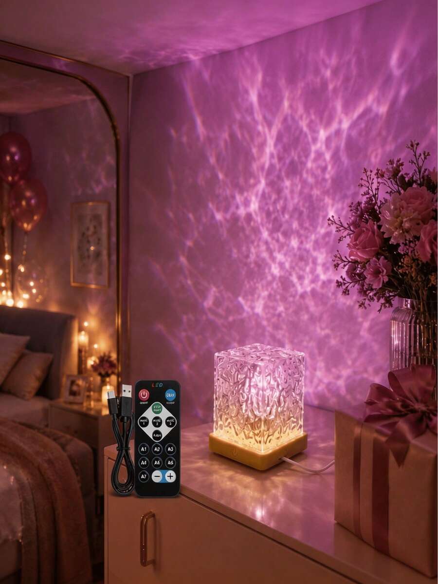1pc [Room Decor Light] USB Powered Square Water Ripple Night Light, Suitable For Bedroom, Home Decor, Party Atmosphere, Gift Occasions