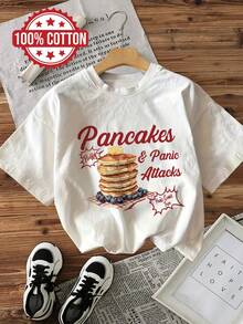 Minimalist. 100% Cotton. 100% Cotton Short-Sleeved Crew Neck T-Shirt With Watercolor Print, Women's Casual Summer Top, "Pancake, Butter, And Blueberries" Motif With "Fluffy & Panic Attacks Panic Comes Free" Slogan. Spring And Summer Top. - 白色 - 查看 1