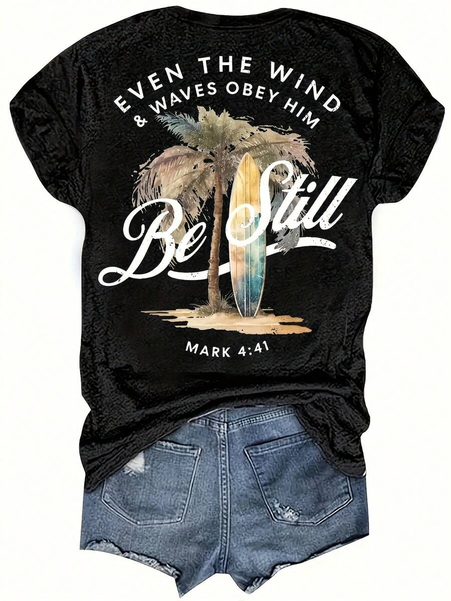Women's 100% Cotton T-Shirts 2026 Graphic Print T-Shirt, Short Sleeve, Round Neck, Casual Top For Summer And Spring, Women's Clothing, Loose Fit, Y2K Style - 黑色 - 查看 1