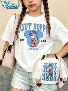 Disney Judy Hopps (Mickey Frame Letter Print) Girls' Cotton Short Sleeve T-Shirt, Breathable & Lightweight, For Daily, School, Summer & Kids Gifts - 白色 - 查看 1