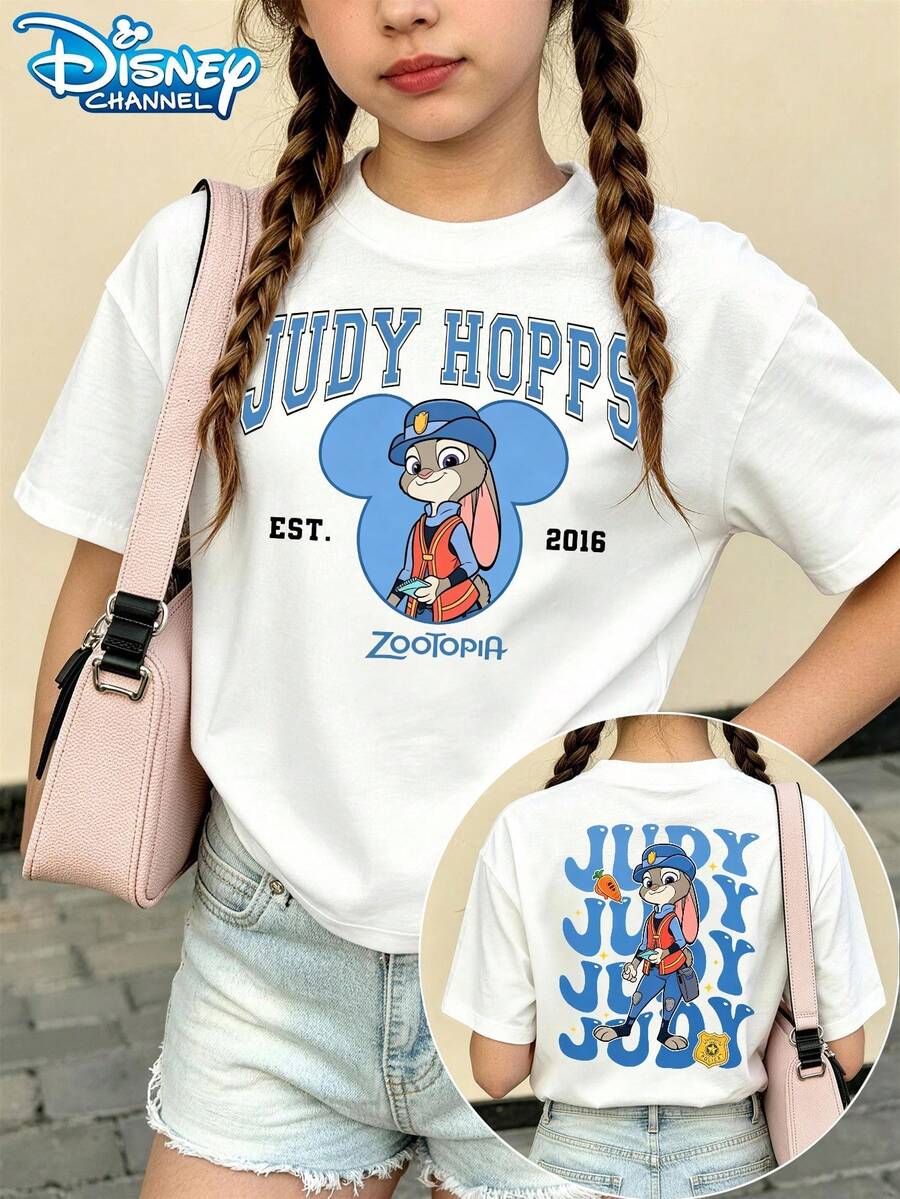 Disney Judy Hopps (Mickey Frame Letter Print) Girls' Cotton Short Sleeve T-Shirt, Breathable & Lightweight, For Daily, School, Summer & Kids Gifts - 白色 - 查看 1