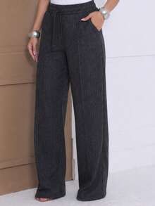 Women's Cold Weather Ribbed Knit Pants, Wide Leg, High Waist, Comfortable, Casual Fashion - 黑色 - 查看 3