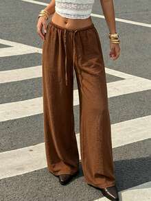 Women's Lightweight Breathable Casual Pants, Coffee Color, Elastic Waist With Drawstring, Loose Draping Bohemian Style Wide Leg Trousers, Summer - Coffee Brown - View 4