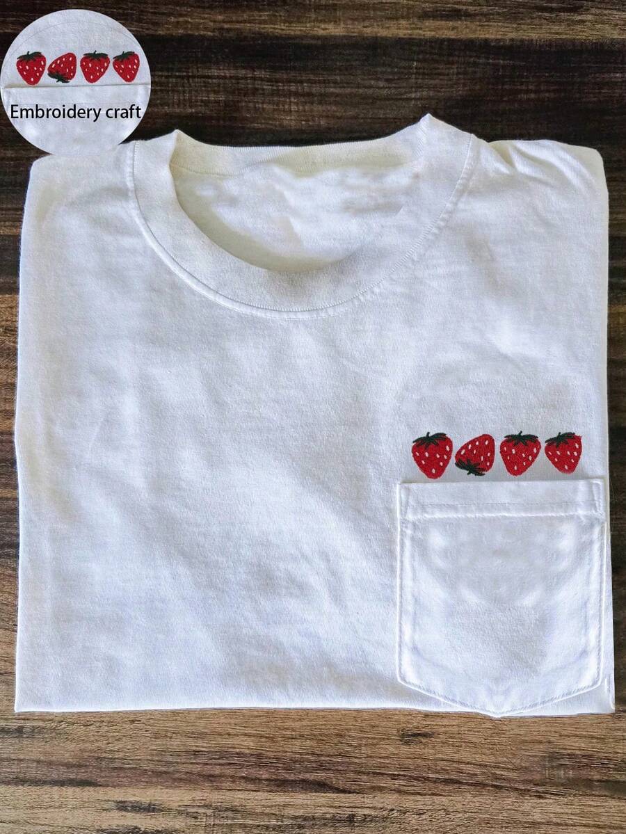con estampado de fruta, camiseta de verano, camiseta bordada, camiseta personalizada, linda camiseta de fresa para dama - Blanco - Ver 1
