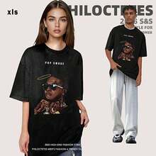 Summer TopsPop Smoke Graphic T-Shirt  Summer Streetwear Oversized Tee For Men Women - High-End Fashion Black Cotton Casual Crew Neck Loose Fit Top With Halo Design,  Unisex Shirt Perfect For Hip Hop Fans And Daily Wear100%Cotton Off Shoulder Top - Black - View 1