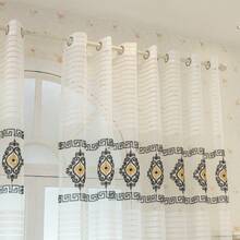 1pc White Striped Geometric Embroidered Eyelet Sheer Curtain, Modern Polyester Semi-Transparent Light-Filtering Window Curtain Suitable For Living Room Bedroom All Seasons - Multicolor - View 7