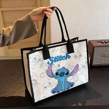 Miniso Disney Stitch Main Character With Sketch Background Canvas Tote Bag, "Stitch" Text Print Shoulder Handbag, Large Capacity Casual Daily Bag For School Shopping Travel - Black - View 6