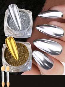 Bright Gold & Silver Nail Powder, Metallic Mirror Effect, Luxury Platinum Aurora Glitter, Sequins, Suitable For Nail Salon DIY Nail Decoration, High Gloss Transparent Sparkling Nail Enhancement, Holiday Use, Comes With 2 Application Tools (0.5g/Bottle) - Multicolor - View 6