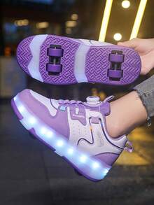 Girls 4-Wheel Roller Shoes, New Style Children's Roller Sports Shoes, Fashionable Rotating Buckle Adjustable Roller Skates, PU Leather Lightweight Durable Hidden Roller Shoes, All-Season LED Light-Up Shoes, USB Rechargeable With Light Switch, Detachable Wheels, 2-In-1 Roller Skates, Inline Skates, Sports Shoes With Wheels - Purple - View 7