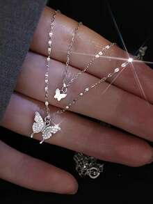 eTel LiKe Bohemian Style Gold & Silver Double-Layer Chain Butterfly Necklace, Creates Casual Fashionable Look, Suitable For Women's Daily Wear - Silver - View 11