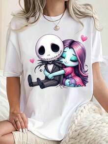 Disney Women Round Neck T Shirt Jack Skellington And Sally Cartoon Couple Print Casual Loose Fit Top For Everyday Wear Halloween 220g - White - View 1