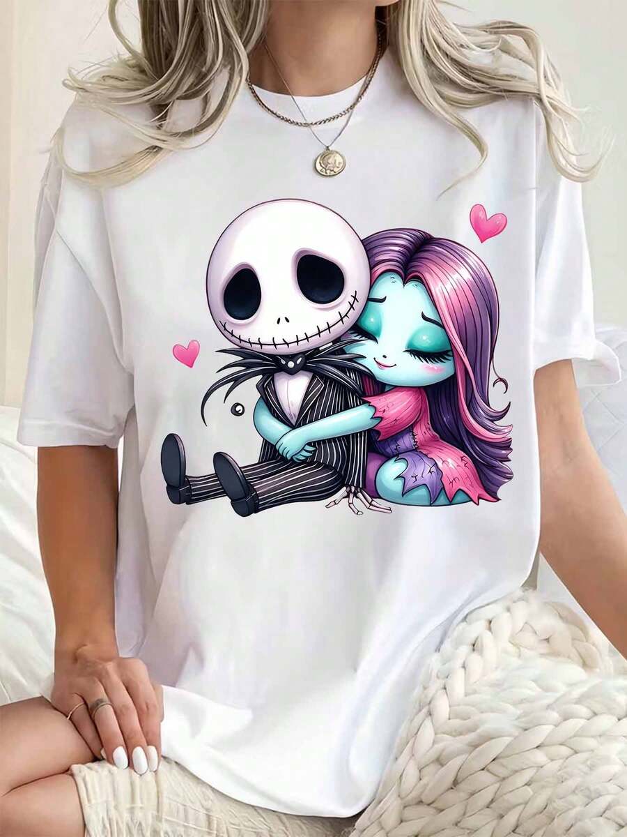 Disney Women Round Neck T Shirt Jack Skellington And Sally Cartoon Couple Print Casual Loose Fit Top For Everyday Wear Halloween 220g - White - View 1