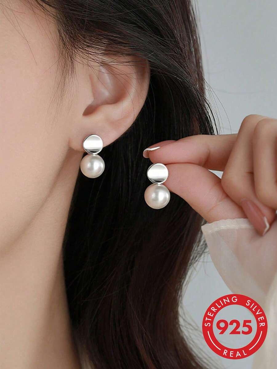 2pcs Elegant Women Jewelry S925 Silver Earrings, Faux Pearl Earrings Small Boutique Design High-End Dangle Earrings Suitable For Banquet, Party, Birthday Gift - #1 - View 1